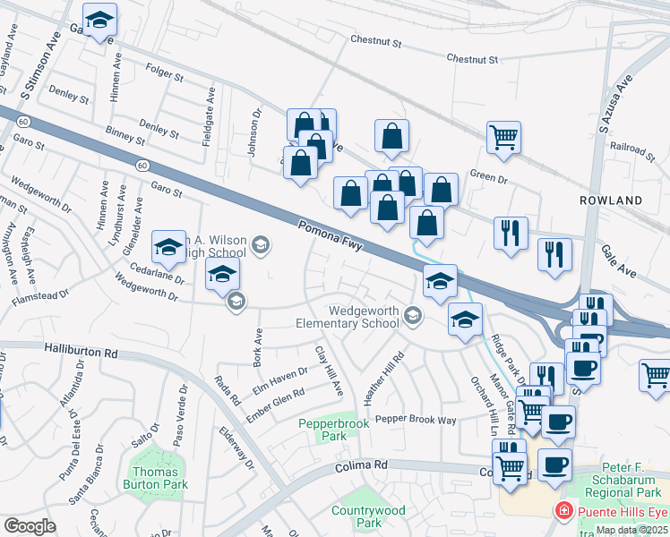 map of restaurants, bars, coffee shops, grocery stores, and more near 1422 Countrywood Avenue in Hacienda Heights