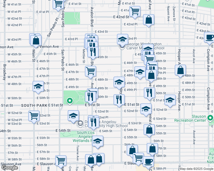 map of restaurants, bars, coffee shops, grocery stores, and more near 695 East 49th Street in Los Angeles