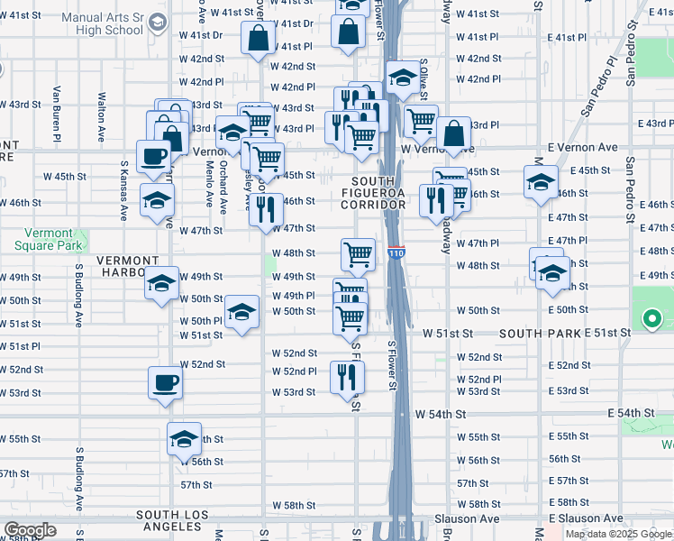 map of restaurants, bars, coffee shops, grocery stores, and more near 535 West 49th Street in Los Angeles
