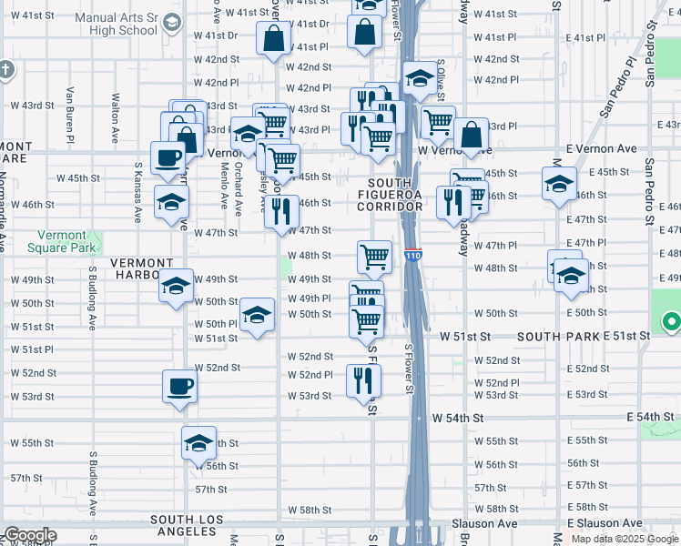 map of restaurants, bars, coffee shops, grocery stores, and more near 535 West 49th Street in Los Angeles