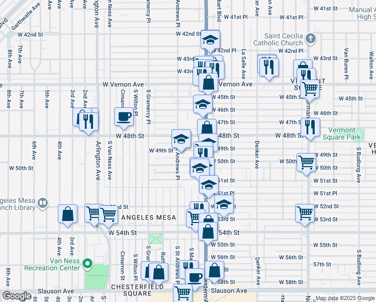 map of restaurants, bars, coffee shops, grocery stores, and more near 1758 West 49th Street in Los Angeles
