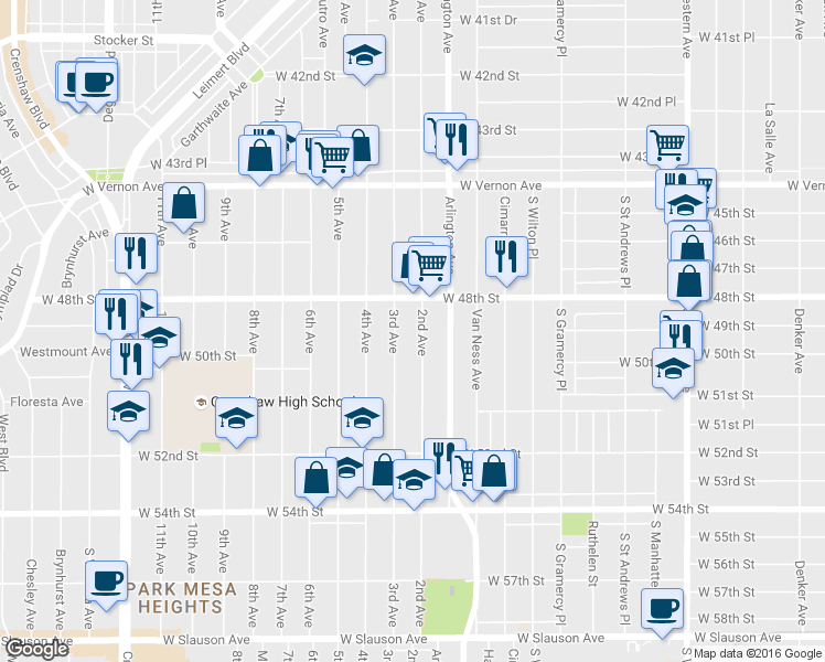 map of restaurants, bars, coffee shops, grocery stores, and more near 4832 3rd Avenue in Los Angeles
