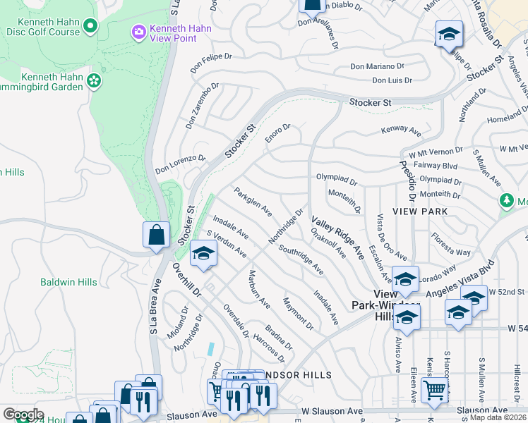 map of restaurants, bars, coffee shops, grocery stores, and more near 4930 Parkglen Avenue in View Park-Windsor Hills
