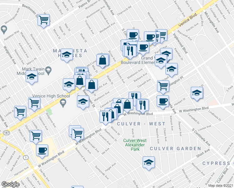 map of restaurants, bars, coffee shops, grocery stores, and more near 12720 Matteson Avenue in Los Angeles