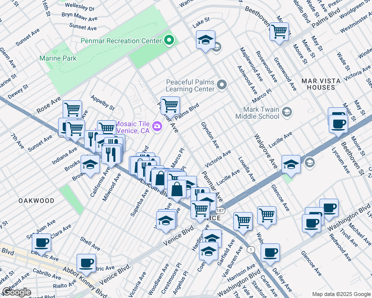 map of restaurants, bars, coffee shops, grocery stores, and more near 1121 Marco Place in Los Angeles