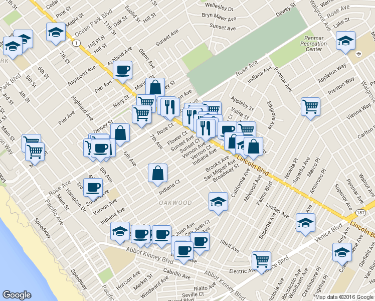 map of restaurants, bars, coffee shops, grocery stores, and more near 736 Sunset Avenue in Los Angeles