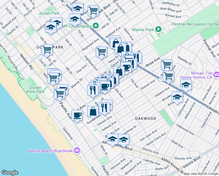 map of restaurants, bars, coffee shops, grocery stores, and more near 535 Rose Avenue in Los Angeles
