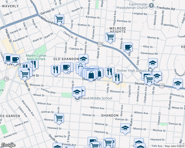 map of restaurants, bars, coffee shops, grocery stores, and more near 103G Maple Street in Columbia