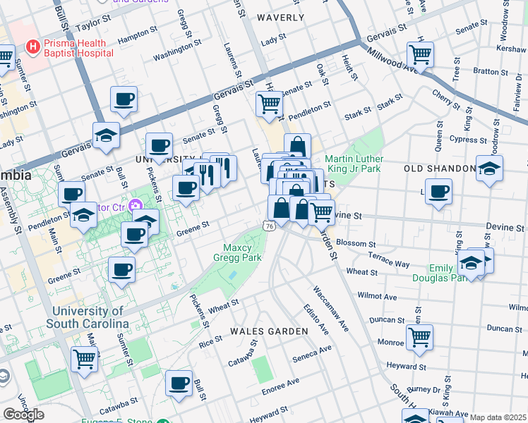 map of restaurants, bars, coffee shops, grocery stores, and more near 1900 Greene Street in Columbia