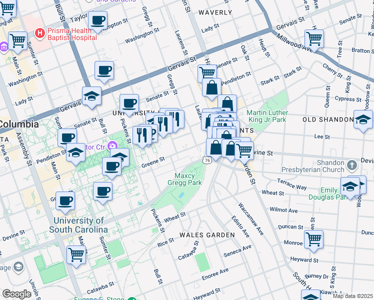 map of restaurants, bars, coffee shops, grocery stores, and more near 1829 Greene Street in Columbia