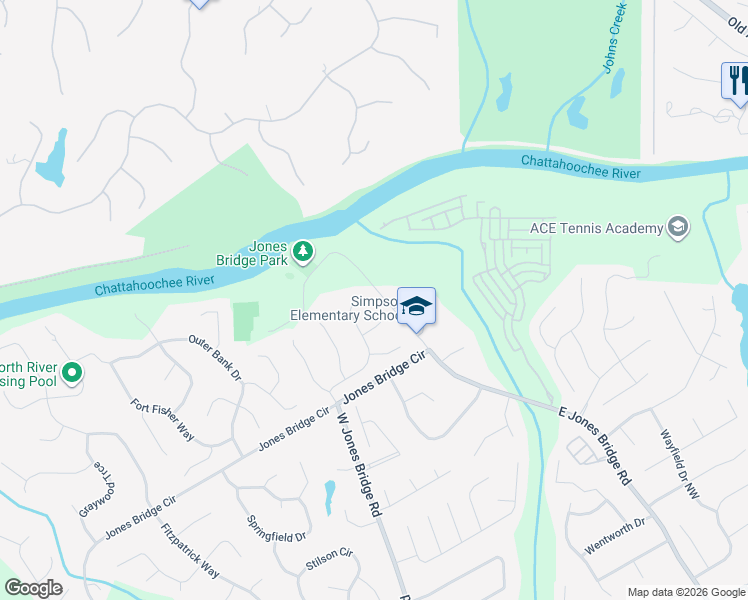 map of restaurants, bars, coffee shops, grocery stores, and more near 5190 Linnadine Way Northwest in Norcross