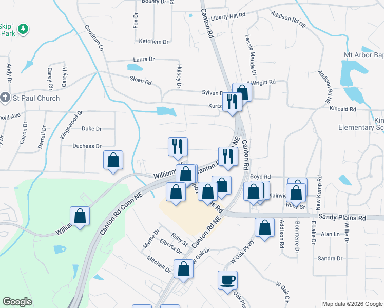 map of restaurants, bars, coffee shops, grocery stores, and more near 814 Shadybrook Drive in Marietta
