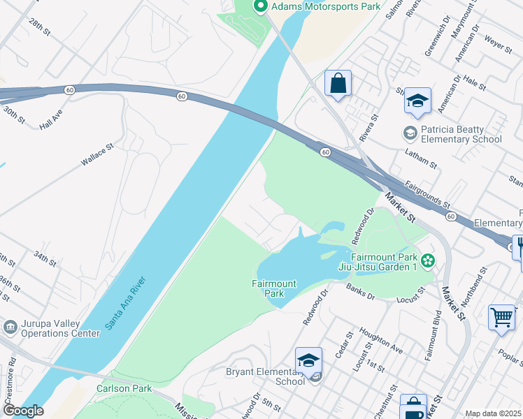 map of restaurants, bars, coffee shops, grocery stores, and more near 4645 Circle Lazy J Road in Riverside