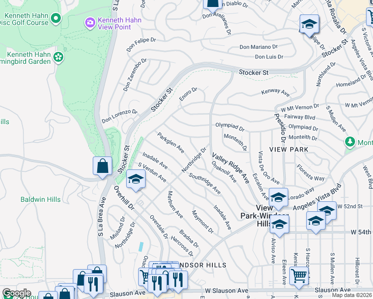 map of restaurants, bars, coffee shops, grocery stores, and more near 4930 Parkglen Avenue in View Park-Windsor Hills