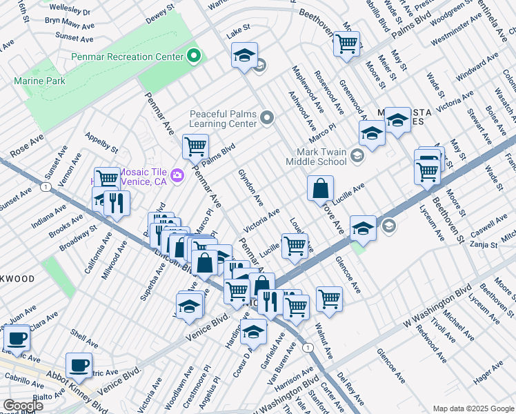 map of restaurants, bars, coffee shops, grocery stores, and more near 2119 Glyndon Avenue in Los Angeles