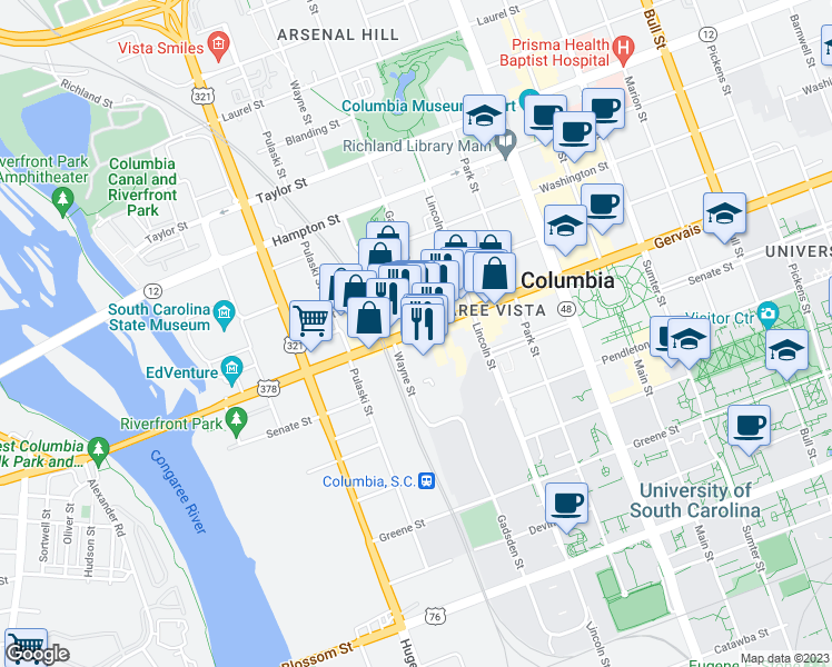 map of restaurants, bars, coffee shops, grocery stores, and more near 704 Gervais Street in Columbia