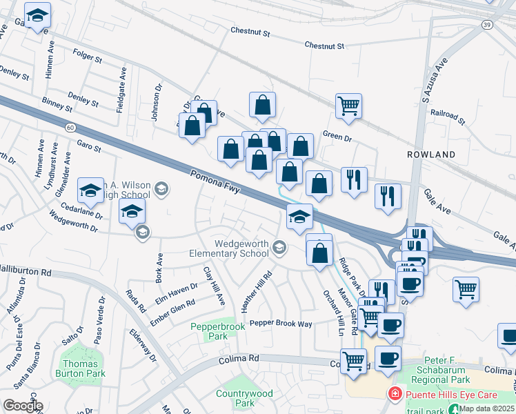 map of restaurants, bars, coffee shops, grocery stores, and more near 1412 Forest Glen Drive in Hacienda Heights