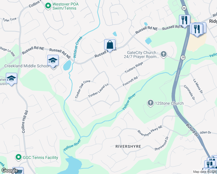 map of restaurants, bars, coffee shops, grocery stores, and more near 330 Timber Laurel Lane in Lawrenceville