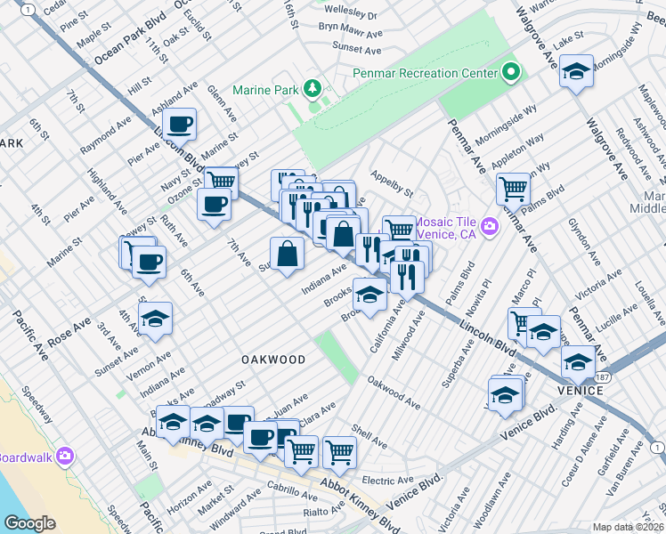 map of restaurants, bars, coffee shops, grocery stores, and more near 707 Lincoln Boulevard in Los Angeles