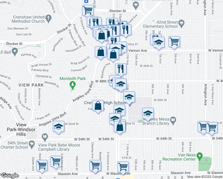map of restaurants, bars, coffee shops, grocery stores, and more near 4832 South Victoria Avenue in View Park-Windsor Hills