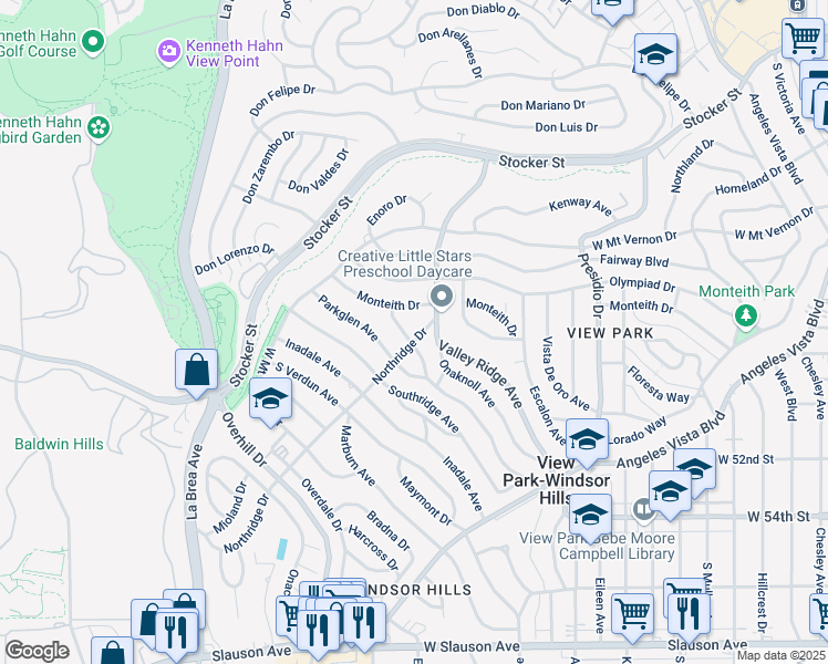map of restaurants, bars, coffee shops, grocery stores, and more near 4225 Northridge Drive in View Park-Windsor Hills