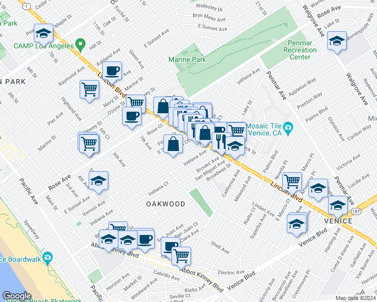 map of restaurants, bars, coffee shops, grocery stores, and more near 804 Vernon Avenue in Los Angeles