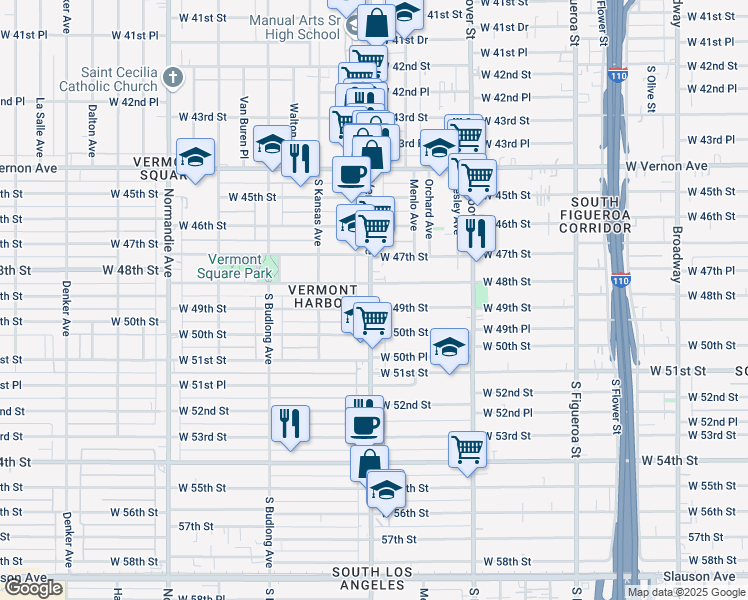 map of restaurants, bars, coffee shops, grocery stores, and more near 4818 South Vermont Avenue in Los Angeles