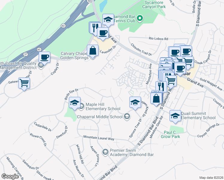 map of restaurants, bars, coffee shops, grocery stores, and more near 22613 Ironbark Drive in Diamond Bar