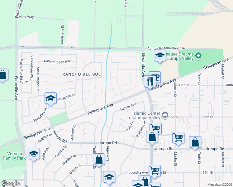 map of restaurants, bars, coffee shops, grocery stores, and more near 4888 Magnum Way in Jurupa Valley