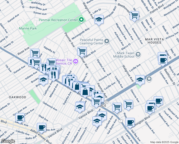 map of restaurants, bars, coffee shops, grocery stores, and more near 1121 Marco Place in Los Angeles
