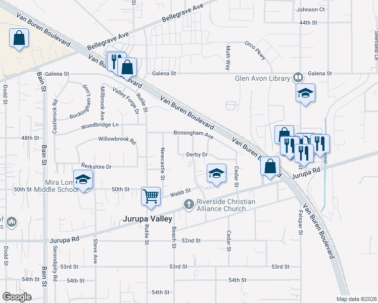 map of restaurants, bars, coffee shops, grocery stores, and more near 9557 Derby Drive in Riverside