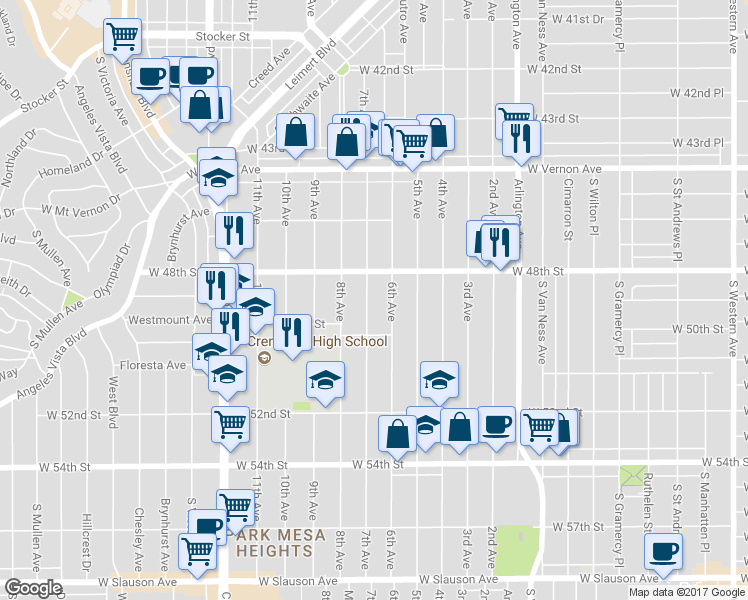 map of restaurants, bars, coffee shops, grocery stores, and more near 4830 7th Avenue in Los Angeles