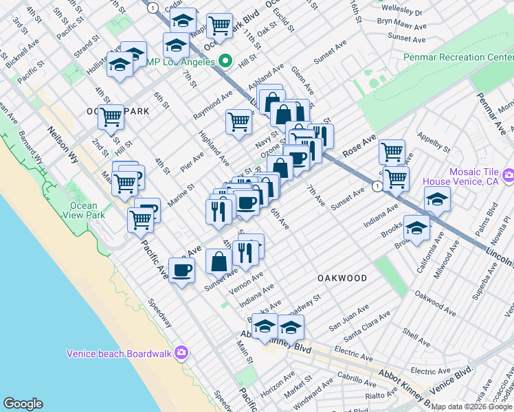 map of restaurants, bars, coffee shops, grocery stores, and more near 541 Rose Avenue in Los Angeles
