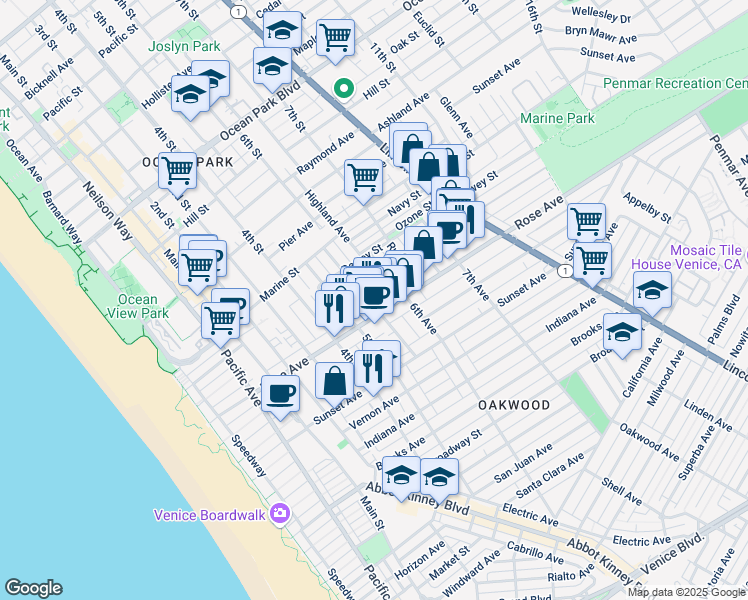 map of restaurants, bars, coffee shops, grocery stores, and more near 535 Rose Avenue in Los Angeles
