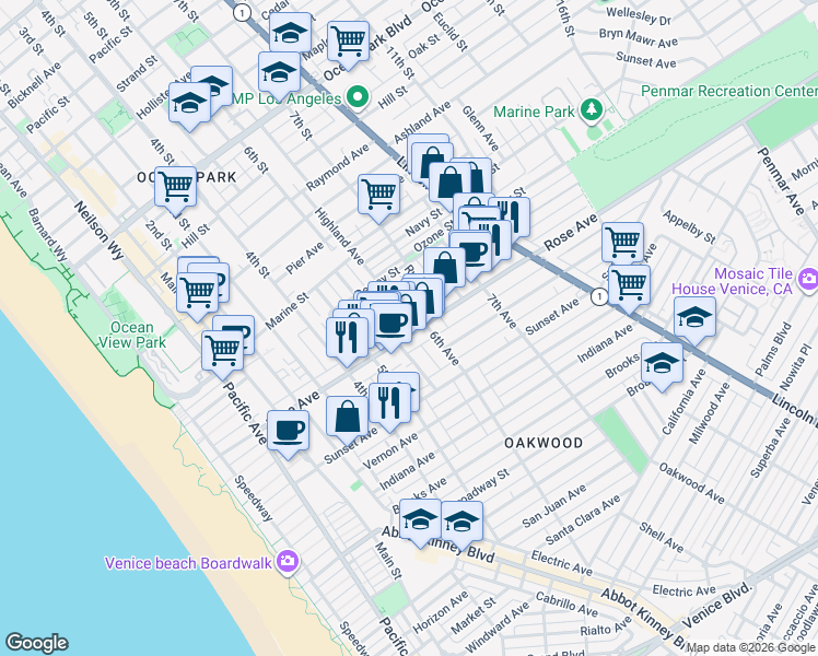 map of restaurants, bars, coffee shops, grocery stores, and more near 535 Rose Avenue in Los Angeles