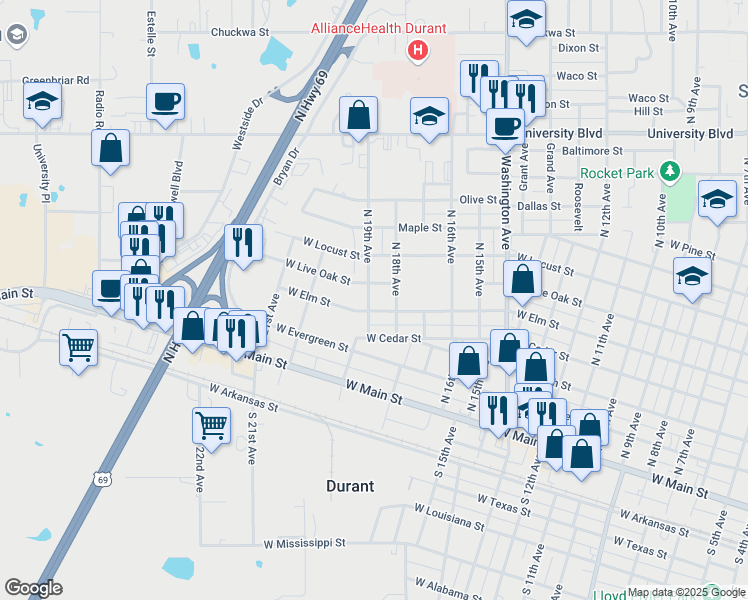 map of restaurants, bars, coffee shops, grocery stores, and more near 512 North 19th Avenue in Durant