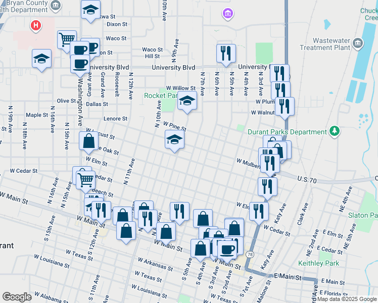 map of restaurants, bars, coffee shops, grocery stores, and more near 715 North 7th Avenue in Durant