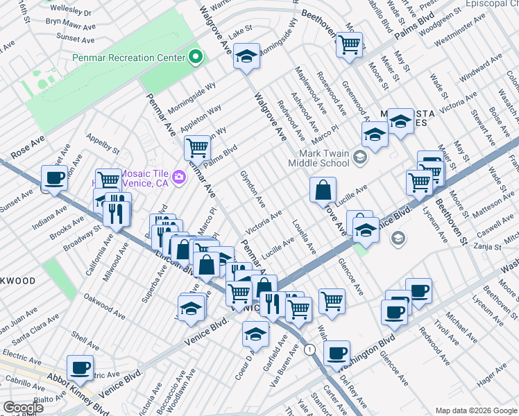 map of restaurants, bars, coffee shops, grocery stores, and more near 2119 Glyndon Avenue in Los Angeles