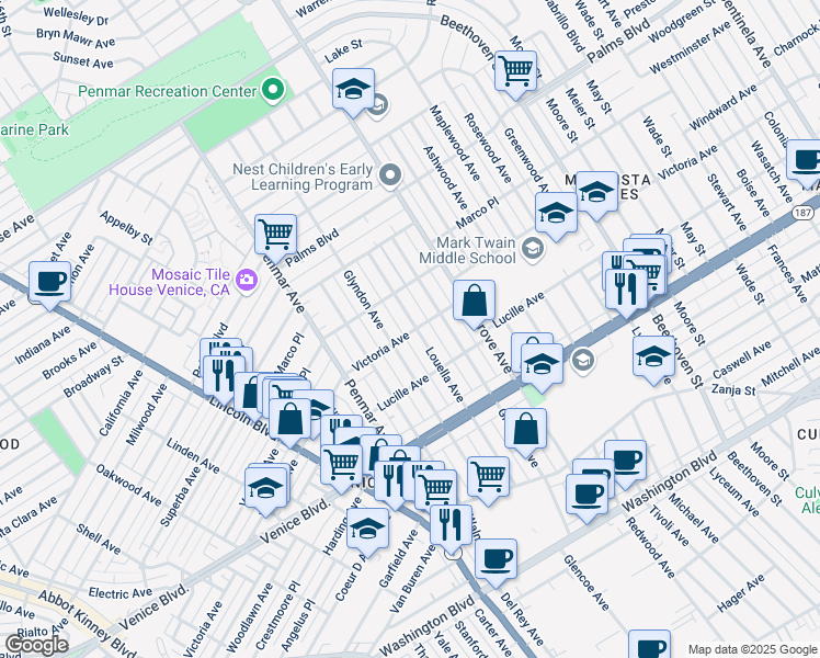 map of restaurants, bars, coffee shops, grocery stores, and more near 2141 Louella Avenue in Los Angeles