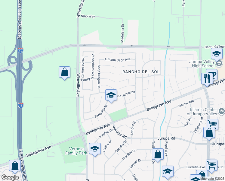 map of restaurants, bars, coffee shops, grocery stores, and more near 11592 Bluebeard Court in Jurupa Valley