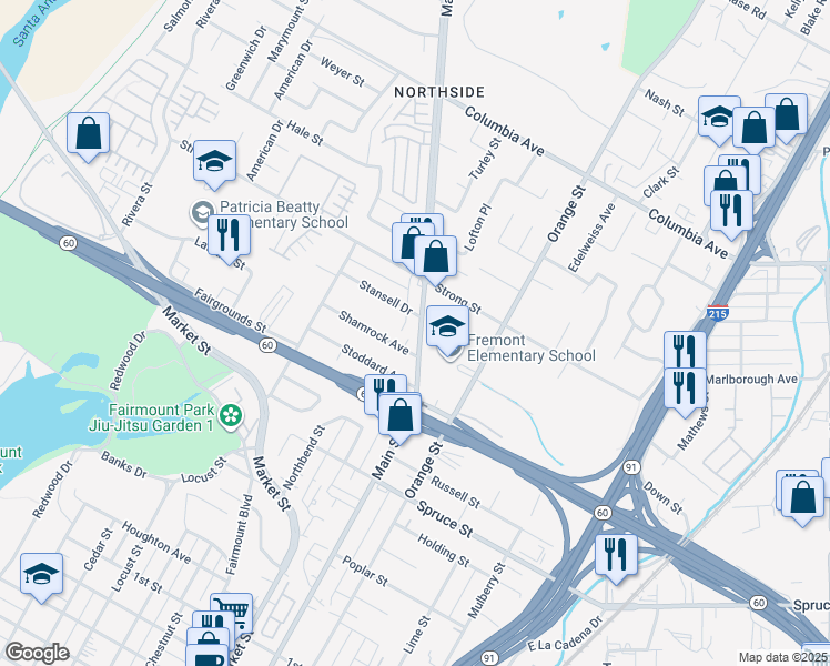 map of restaurants, bars, coffee shops, grocery stores, and more near 1845 Main Street in Riverside
