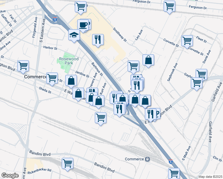 map of restaurants, bars, coffee shops, grocery stores, and more near 2538 Fidelia Avenue in Commerce