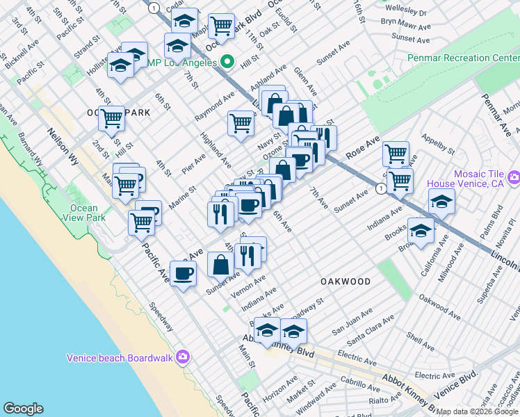 map of restaurants, bars, coffee shops, grocery stores, and more near 541 Rose Avenue in Los Angeles