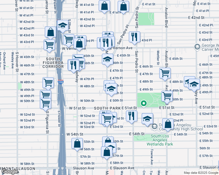 map of restaurants, bars, coffee shops, grocery stores, and more near 110 East 48th Street in Los Angeles