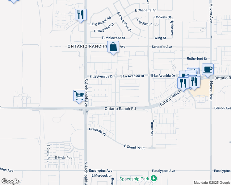 map of restaurants, bars, coffee shops, grocery stores, and more near Broadway Avenue in Ontario