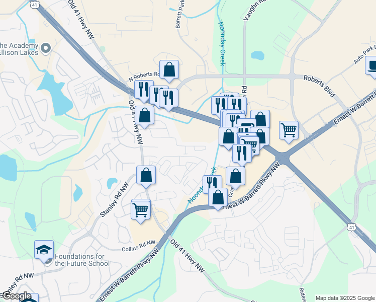 map of restaurants, bars, coffee shops, grocery stores, and more near 1906 Grenache Lane in Kennesaw