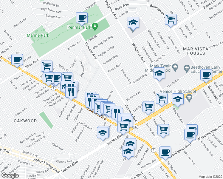 map of restaurants, bars, coffee shops, grocery stores, and more near 1121 Marco Place in Los Angeles