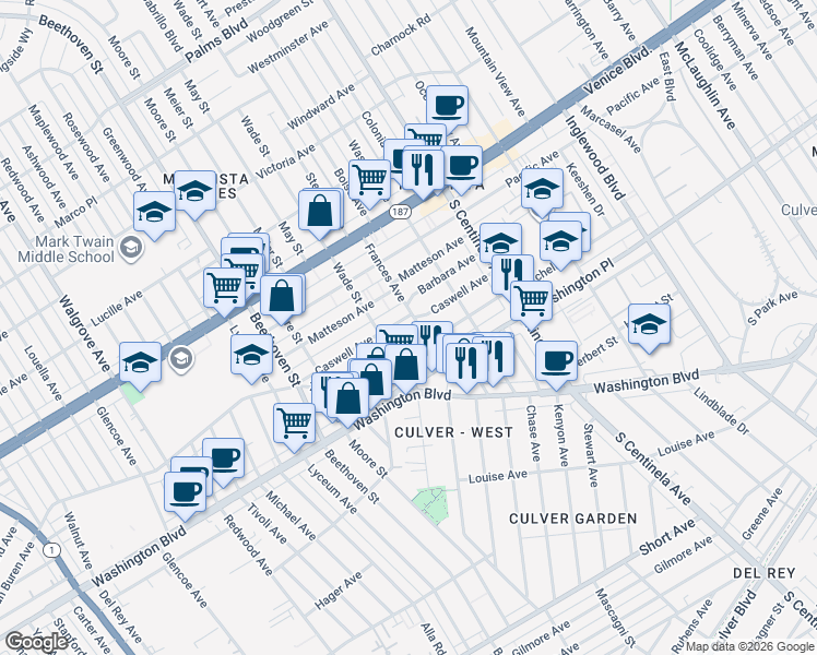 map of restaurants, bars, coffee shops, grocery stores, and more near 12610 Caswell Avenue in Los Angeles