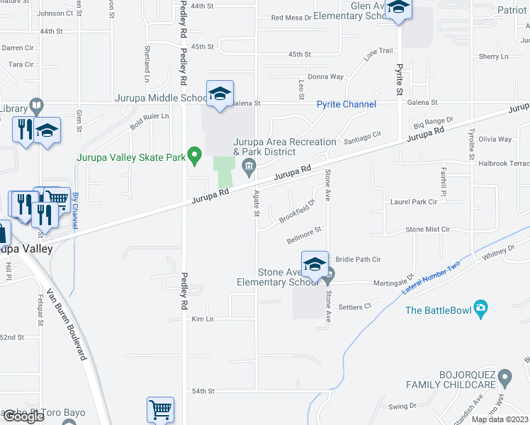 map of restaurants, bars, coffee shops, grocery stores, and more near 4833 Harwood Court in Riverside