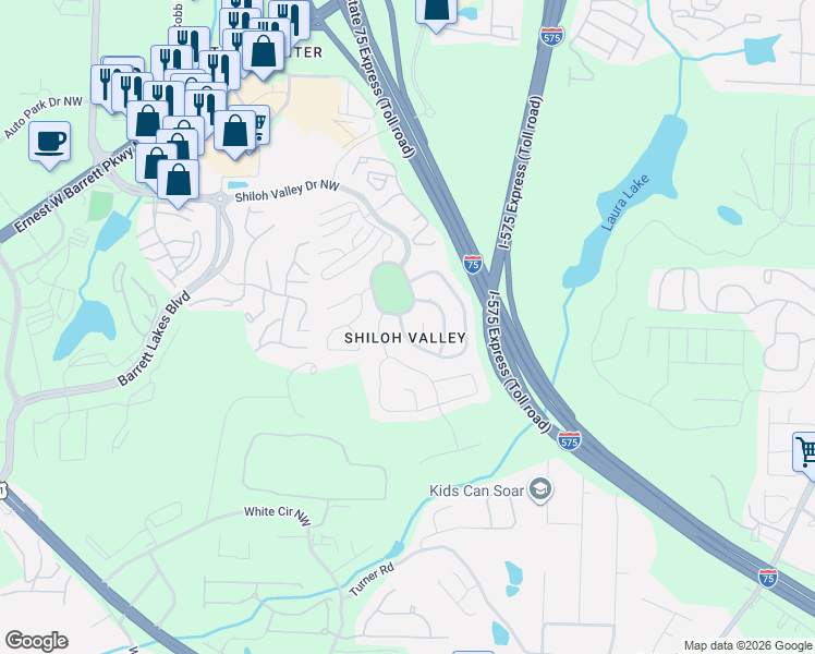 map of restaurants, bars, coffee shops, grocery stores, and more near 1905 Shiloh Valley Trail Northwest in Kennesaw